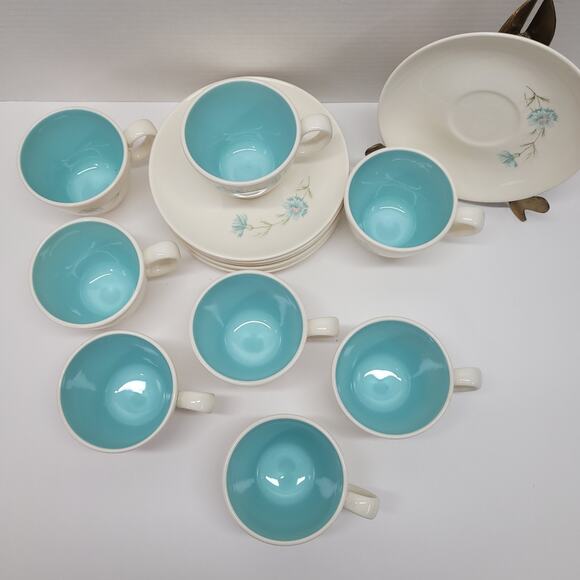 16pc Taylor Smith Taylor Boutonniere Ever Yours Teacups Saucers MMC Blue Flowers - Picture 5 of 5